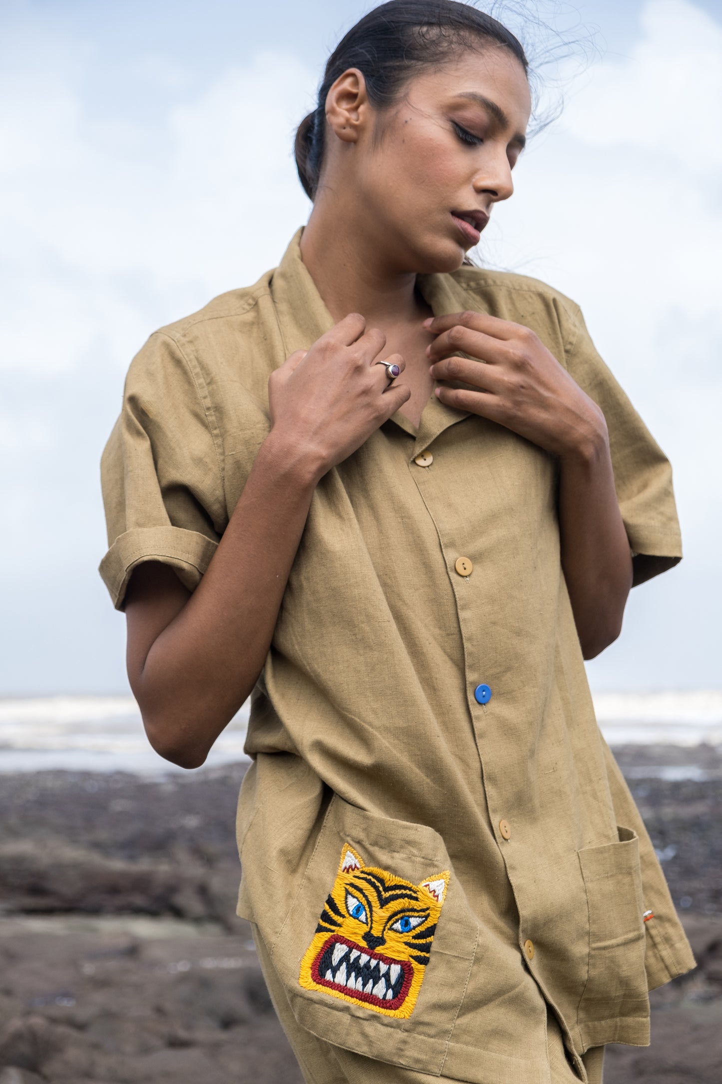 Unisex Handspun and Natural Dyed Khaki Cuban Shirt