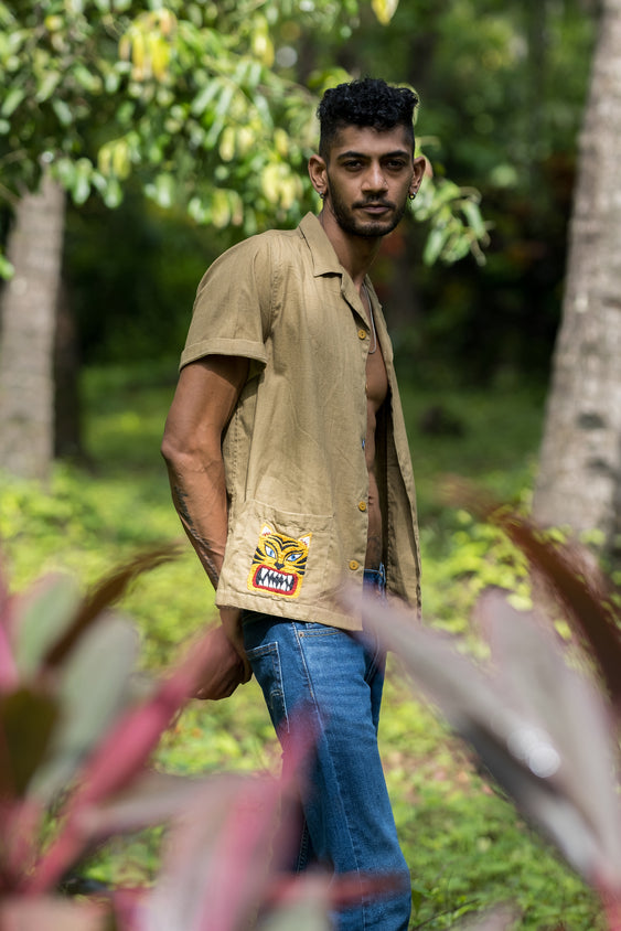 Unisex Handspun and Natural Dyed Khaki Cuban Shirt