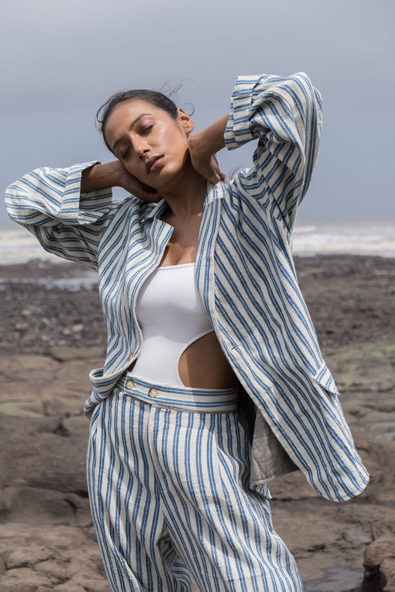 Unisex Handspun Kala Cotton Azure Striped Blazer Set