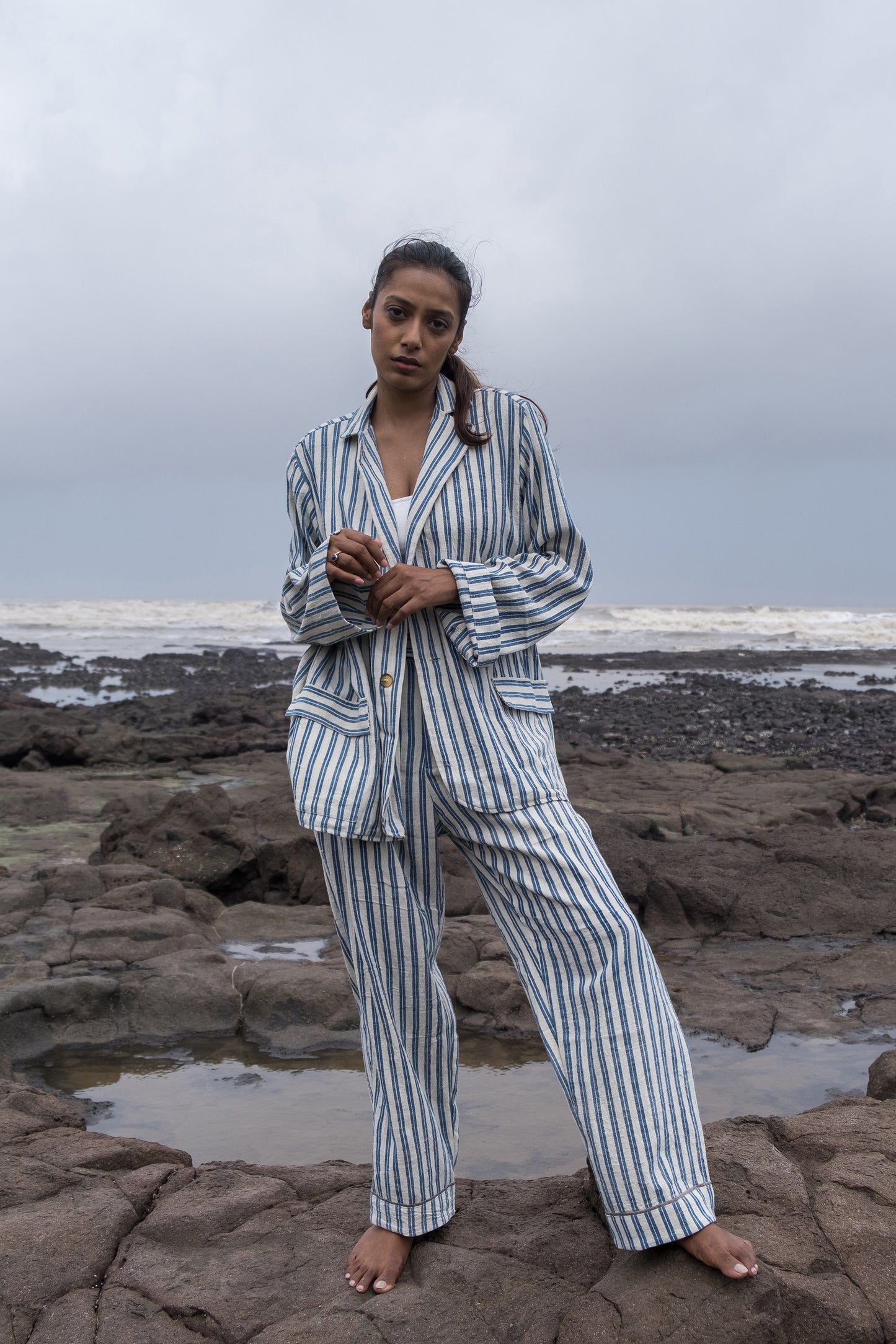 Unisex Handspun Kala Cotton Azure Striped Blazer Set